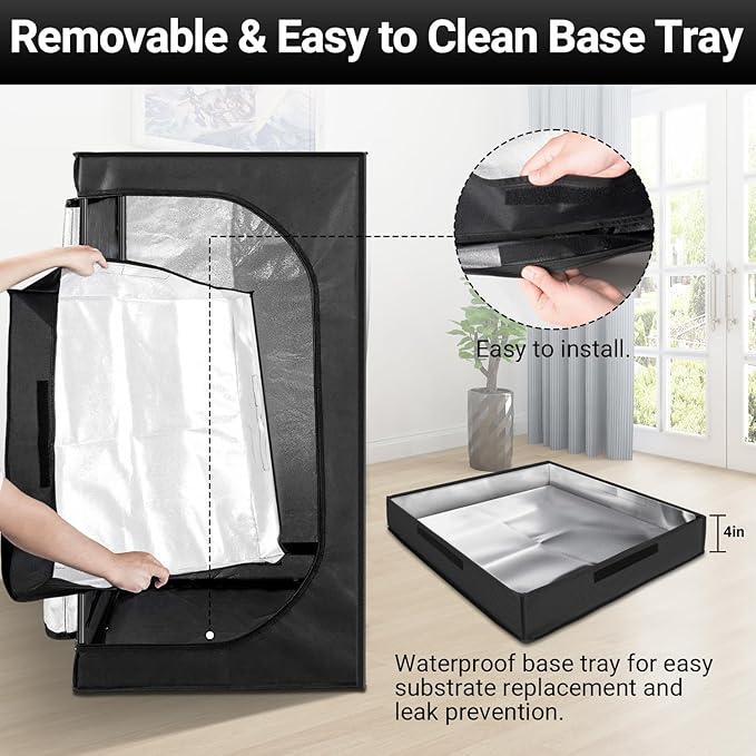 REPTIZOO 120 Gallon Reptile Tent Habitat 24"x24"x48" High Reflective Reptile Terrarium Cage Plant Grow Tent with Ventilation Window and Waterproof Base Tray for Lizards, Bearded Dragons