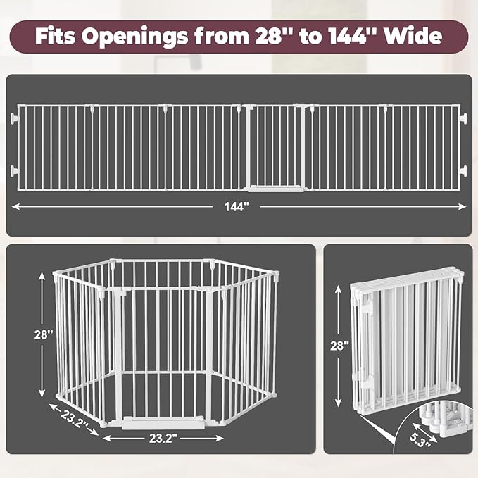 144" Extra Wide Baby Gate with Door, Configurable 6 Panels Baby Fence, Fireplace Gate with Anti-Trip Pedal, Family Essentials Safety Gate for Child Dogs Pets, 28'' Tall White