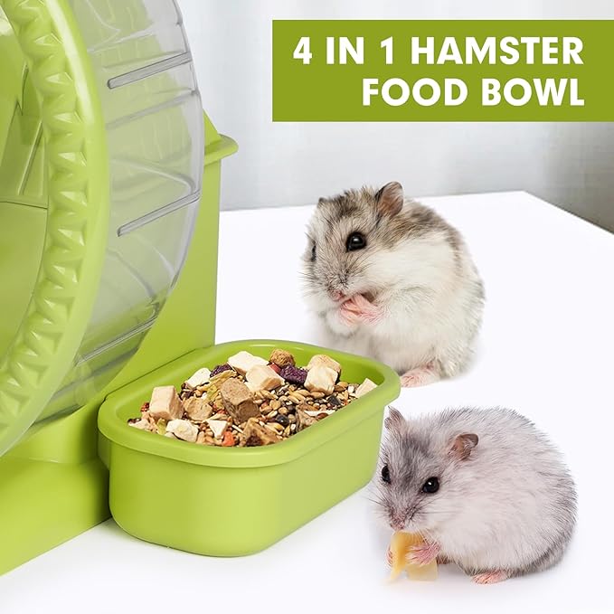 Hamster Toys 4 in 1 Multifunctional Super-Silent Exercise Toys Spinner Wheels with Water Bottle Food Container and Hideout Base Large Spinning Running Wheel for Rat Gerbils Mice (L,Green)
