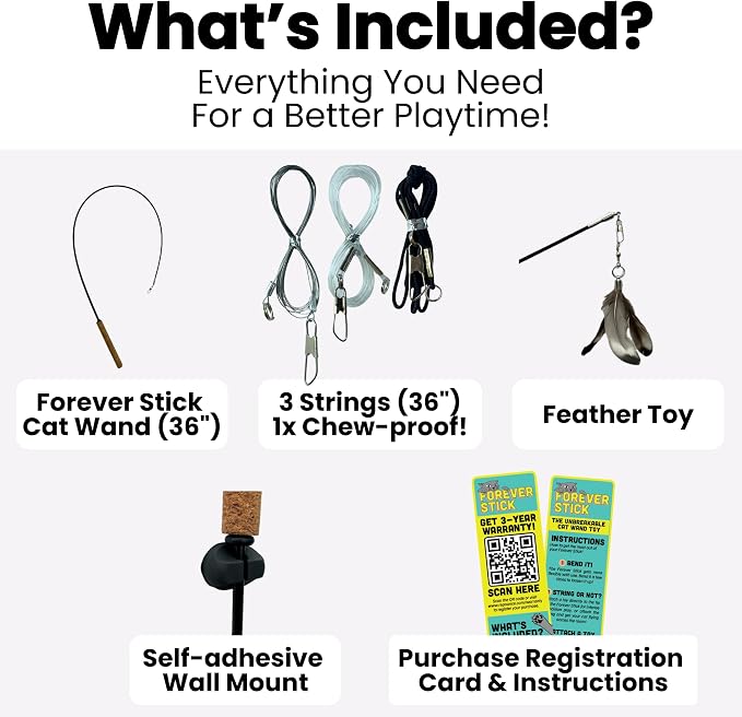 Forever Stick and 3 Strings including Chew Proof Metal Wire - The Unbreakable Cat Wand Toy, Durable Cat Toy Wand, Extra Long Cat String Toy, Cat Fishing Pole Toy for Bored Indoor Adult Cats, Stick Toy - Image 2