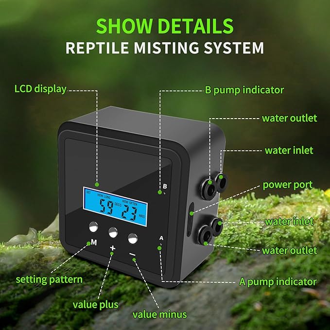 Reptile Mister System with Timer & Dual Pump | 360° Adjustable Nozzles for Terrariums, Paludariums & Plants