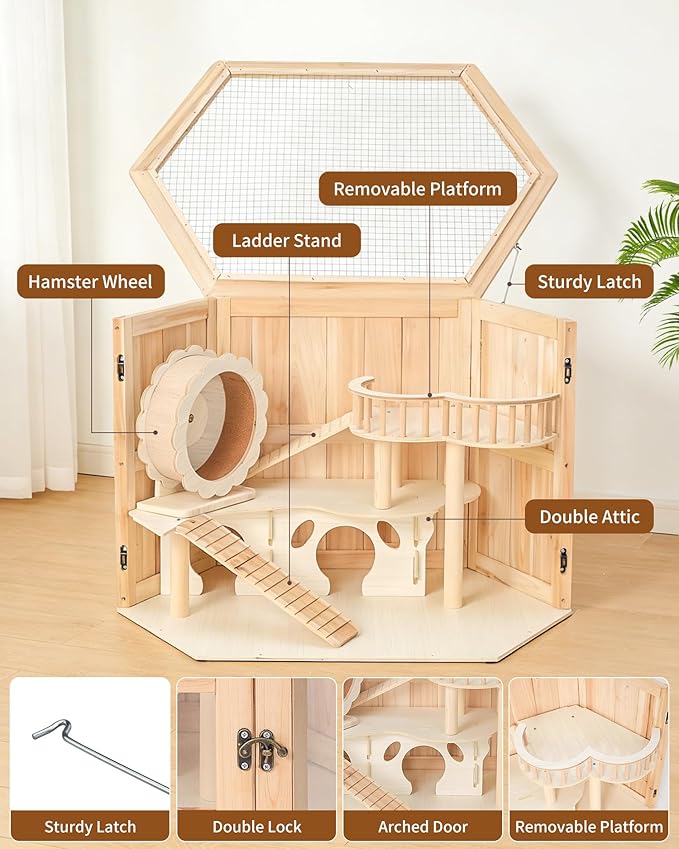 5 in 1 Wooden Hamster Cage|3 Tier Small Animal Cage with Silent Exercise Running Wheel|Large Syrian Hamster House with Openable Top&Acrylic Sheets|Chinchilla Guinea Pig Cages