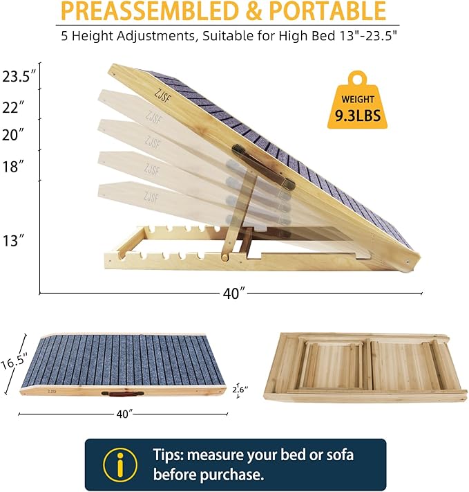 ZJSF Foldable Wooden Dog Ramp for High Bed, Dog Stairs for Small Dogs, High Traction Platform with 5 Adjustable Heights (13"-23.5"), 40", Supports up to 150 lbs