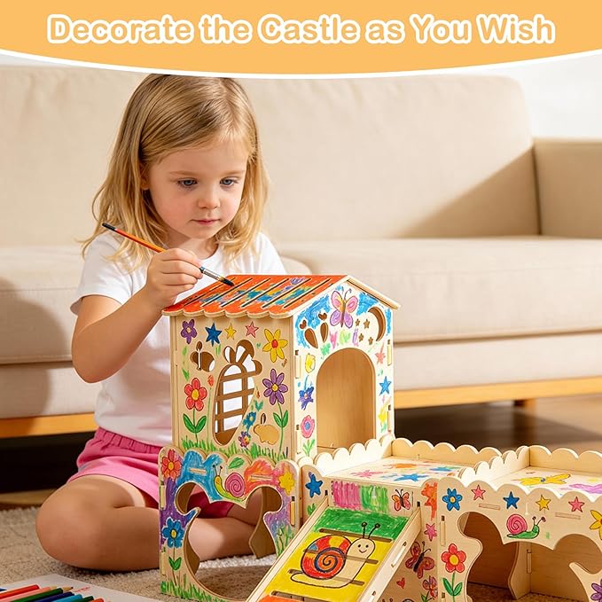Large Rabbit House, Wooden Bunny Castle with 4 Houses Indoor, Rabbit Guinea Pig Cage Multistory Climbing Tower Sturdy Wooden Castle, Small Animal Hideaway Tunnel (4 Houses)