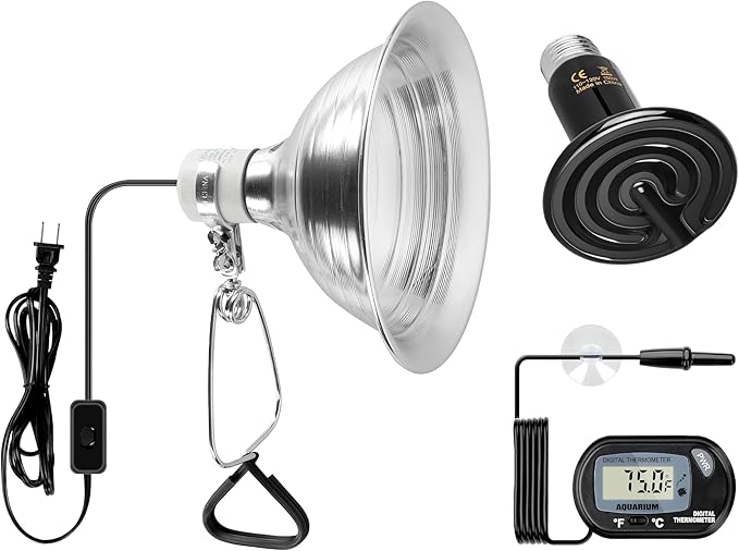 Simple Deluxe 150W Ceramic Reptile Heat Lamp Bulb & 150W Clamp Light with 8.5" Aluminum Reflector, LCD Digital Aquarium Thermometer Combo for Amphibian Pets