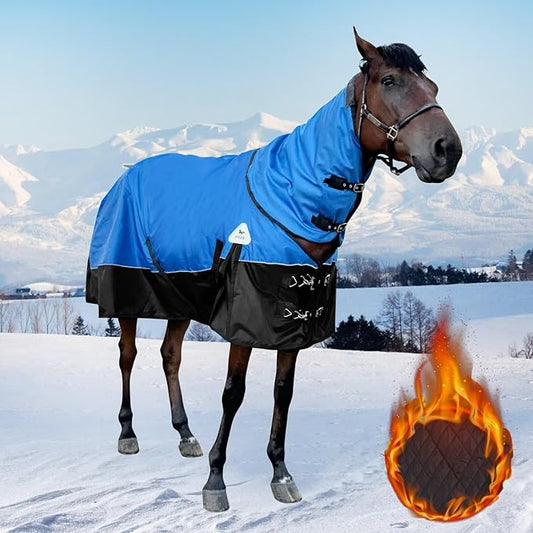 Turnout Blanket for Horses, Waterproof Thickened Horse Sheet with Detachable Neck Cover,1600D Nylon Outer, 400g Heavy Weight Filling, Blue (US 72IN(EU 135cm))