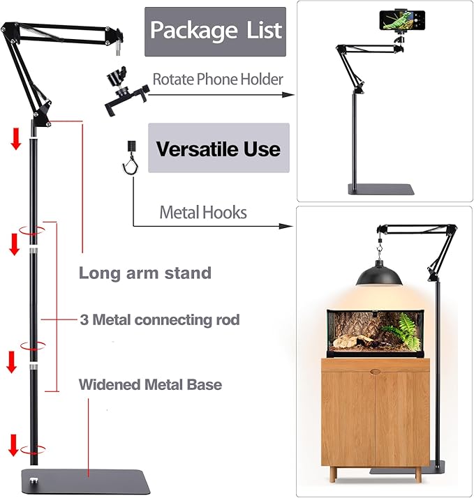 Metal Reptile Lamp Stand Tall Floor，Reptile Heat lamp Stand Adjustable with 360 °Swing Arm, Reptile Heating Lamp Stand Suitable for Different Types of Reptilee Lights (Includes Phone Holder)