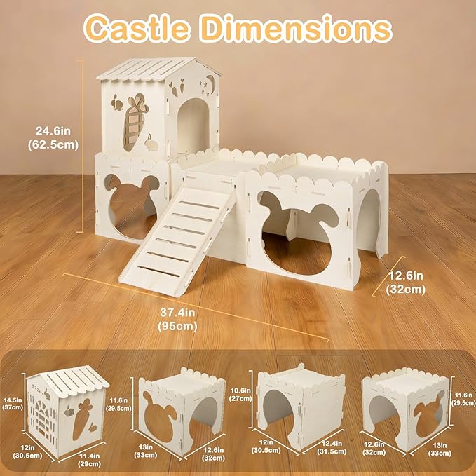 Large Rabbit House, Wooden Bunny Castle with 4 Houses Indoor, Rabbit Guinea Pig Cage Multistory Climbing Tower Sturdy Wooden Castle, Small Animal Hideaway Tunnel (4 Houses)