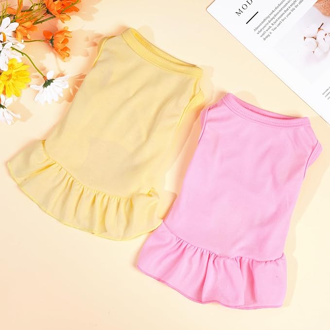 2 Pcs Dog Dress Cute Cat Skirt Solid Color Summer Clothes for Small Pet Dogs Cat (Yellow,Pink, Large)