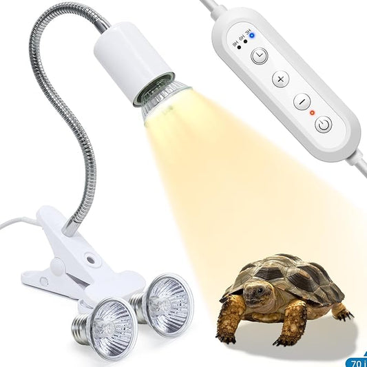 Adjustable Temperature Turtle Tortoise Reptile Heating Lamp with Dual UVB 50W Bulbs and Built-in Timer for Turtles, Tortoises, and Bearded Dragons (White)