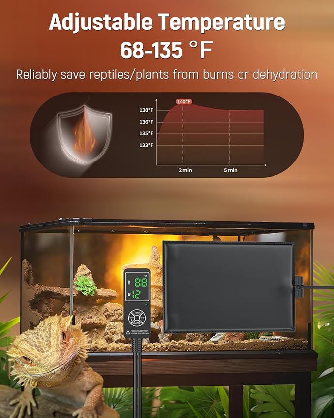 Pawfly Reptile Heating Pad 11.9 x 8 Inch - Reptile Heat Pad with Thermostat & Timer, 16 W Under Tank Heater, Heat Mat for Reptiles Hermit Crabs Turtles Frogs Snakes Lizards Geckos Plants Seedlings