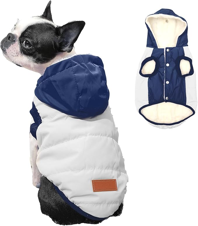 Vecomfy Fleece Lining Extra Warm Dog Hoodie in Winter,Small Dog Jacket Puppy Coats with Hooded,Beige and Blue XS