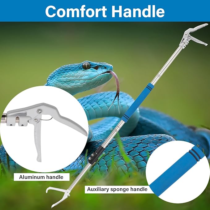Snake Grabber Tool, 55" Snake Tongs Long Handle for Rattlesnake Reptile Tongs Heavy Duty Long Catcher Reach Grabber Stainless Steel Materials Sponge Handle Wide Jaw (55 inches)