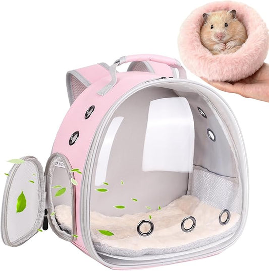 2-Pack Guinea Pig Backpack and Burrowing Bed, Portable Small Animal Cage with Bubble Clear Window, Plush and Fluffy Hideaway Pet Bed for Piggies, Hamster