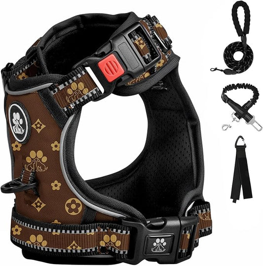FURRYFECTION Plaid Dog Harness for Medium Dogs, Reflective No Pull Adjustable Pet Vest with Front Clip, Leash, Easy Control Handle and Seat Belt, Dark Brown, M
