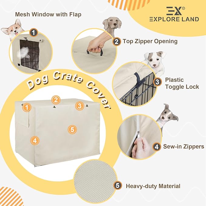 Explore Land Dog Crate Cover Heavy Duty Polyester Pet Kennel Sunshade Universal Fit for 18 inches Wire Cage (Tan)