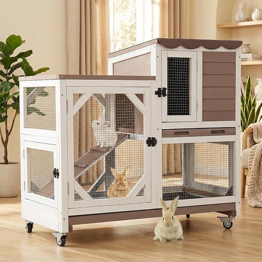 Aivituvin 39.3" Large 2-Story Rabbit Hutch, Indoor Outdoor Bunny Cage with Chew-Proof Ramp, Leak-Proof & Easy-to-Clean Tray, Lockable Wheels, for Rabbits & Guinea Pigs