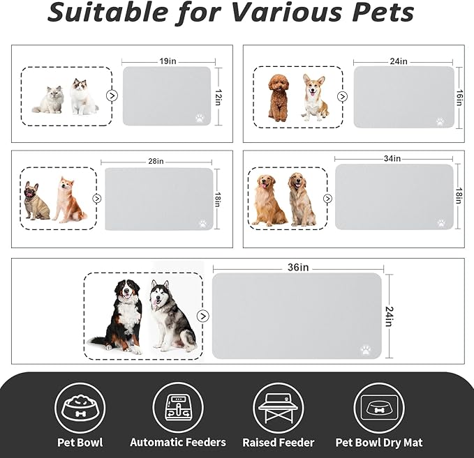 HotLive Dog Food Mat - Absorbent Cat Mat for Food and Water, No Stains Pet Feeding Bowl Mat, Easy to Clean Pet Placemats, Quick Dry Dog Water Dispenser Mat for Messy Drinkers | Paw Light Grey 16"x 24"