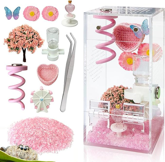 Jumping Spider Enclosure,DIY Insects Habitat,Small Reptile Terrarium Glass House Accessories Set,with Jumping Platform Hide Water Feeder (Pink B)