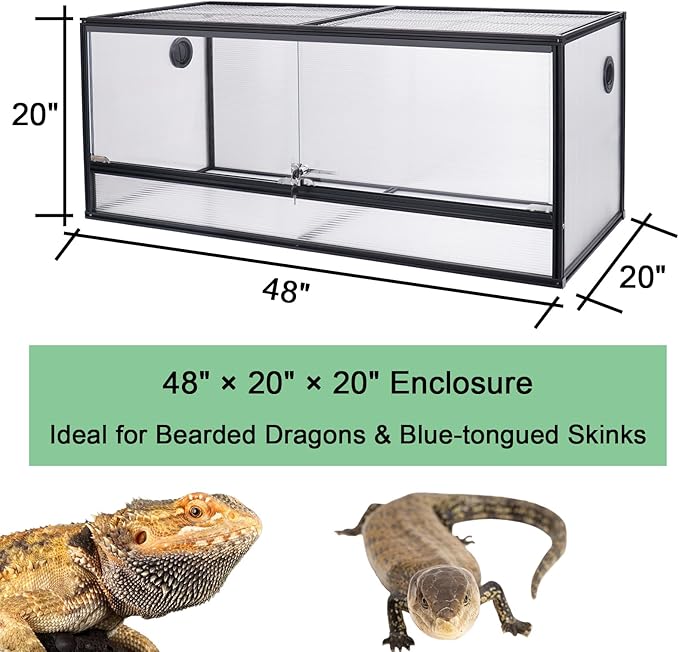83 Gallon Bearded Dragon Tank 48x20x20in, Insulated Reptile Enclosure with Hollow Sunlight Panels, Aluminum Frame, Locking Sliding Glass Doors & Mesh Screen Top