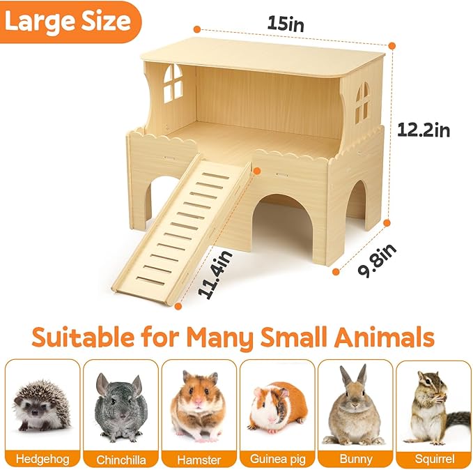 Large Two-Level Guinea Pig Hideout, Wooden Guinea Pig Castle with House, Platform and Stairs, Detachable Guinea Pigs House, Easy Assembly Accessories for Chinchillas, Hamsters, Rabbits and Guinea Pigs