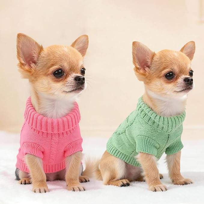 2 Pack Turtleneck Puppy Sweaters Knitted Dog Sweaters for Small Dogs Girl Boy Teacup and Cats Thick Warm Pet Clothes Doggie Apparel Outfits (Green Pink, XS)