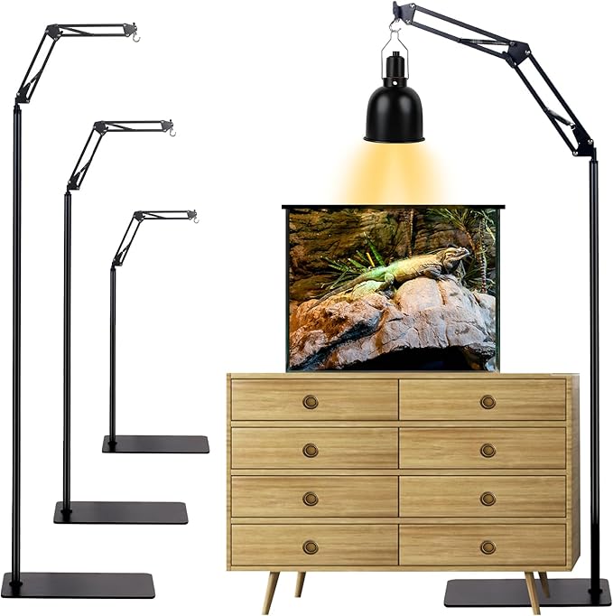 Reptile Lamp Stand, Adjustable Heat Lamp Holder, Floor Light Holder Lamp Hanging Bracket, Black Metal, for Reptile Glass Terrarium Bearded Dragon Turtles Snake and Chicks
