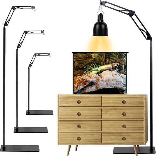 Reptile Lamp Stand, Adjustable Heat Lamp Holder, Floor Light Holder Lamp Hanging Bracket, Black Metal, for Reptile Glass Terrarium Bearded Dragon Turtles Snake and Chicks