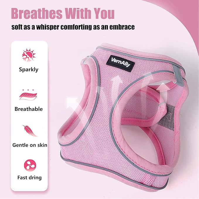 Sparkly Dog Harness Small Sized and Leash Set for Small Dogs Cats,Pink XXS Puppy Harness, Step in Soft Dog Reflective Vest, Breathable Mesh Pet Harness. (Pink, XXS)