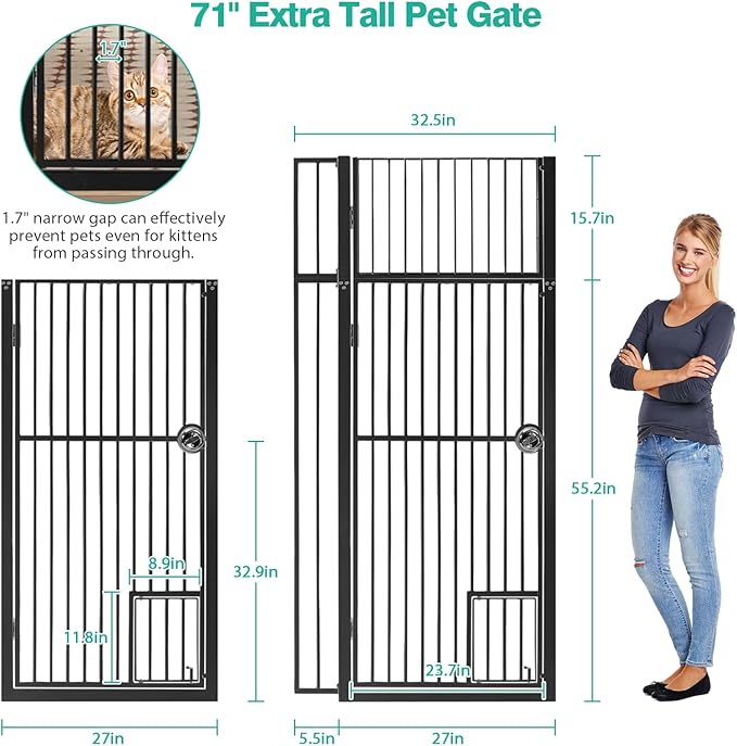71" Extra Tall Pet Gate with Cat Door, Fits for 28.7"&37.5" Extra Wide Pressure Mounted Pet Barrier Auto-Close Safety Cat Gate with Walk Through Door Latch,Black, No Drill