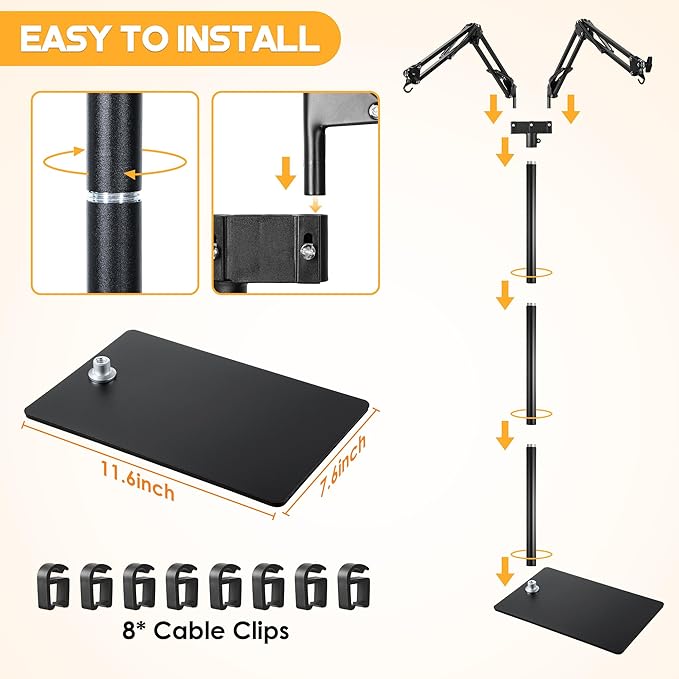 Enhon Reptile Heat Lamp Stand, Dual Reptile Light Stand with Two Flexible Brackets, Adjustable Heat Lamp Stand (15.7-74.3inch) with 360° Swing Arm and Anti tip Clip for Bearded Dragon Turtles Snake