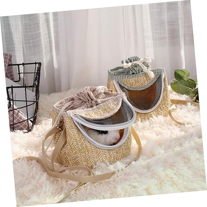 Pets Go Out Backpack for Small Animals Breathable Hamster Carrier with Ventilated Gauze Stylish Straw-Woven Design for Comfortable Travel and Outdoor Adventures