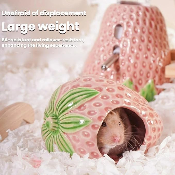 Strawberry Ceramic Hamster Hideout, Summer Cool Cave for Small Pets, Chew Resistant & Easy Clean Hamster House, Decorative Hideaway for Syrian Dwarf Hamsters, Mice (Strawberry - Red)