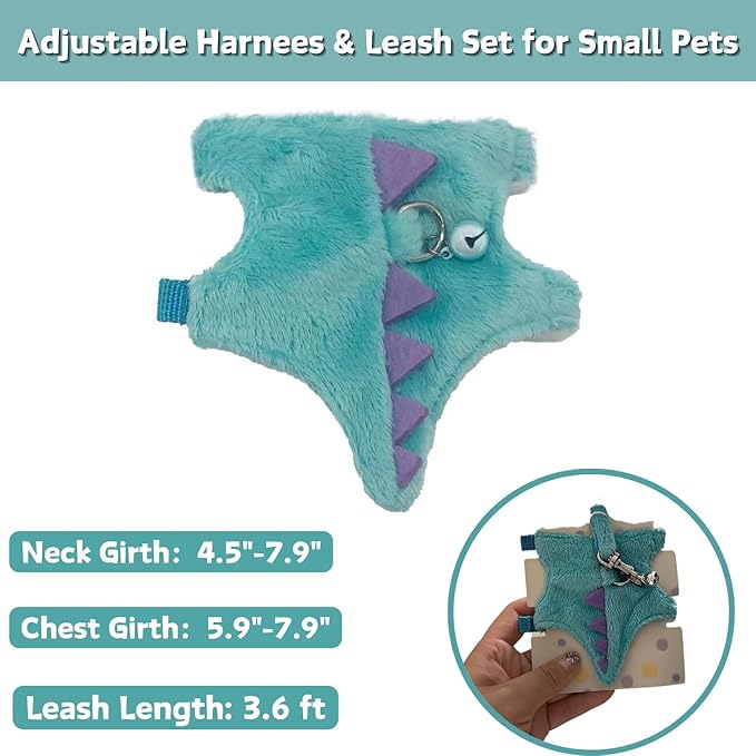 Bearded Dragon Harness and Leash Set - Soft Fleece Dinosaur Vest with Safe Bell Adjustable Lizard Traction Rope Escape Proof Outdoor Walking Training Leash for Ferret Rat Kitten Puppy (Blue)
