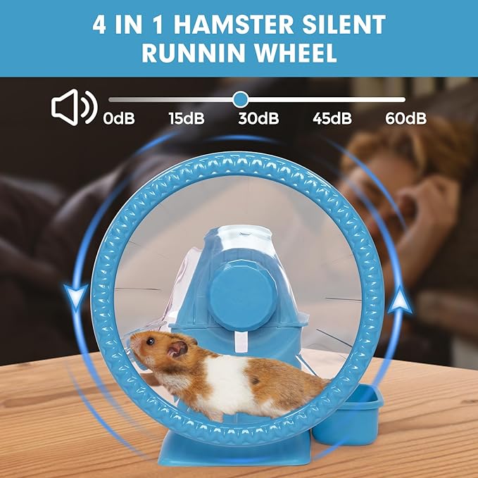 Hamster Toys 4 in 1 Multifunctional Super-Silent Exercise Toys Spinner Wheels with Water Bottle Food Container and Hideout Base Large Spinning Running Wheel for Rat Gerbils Mice (L,Blue)