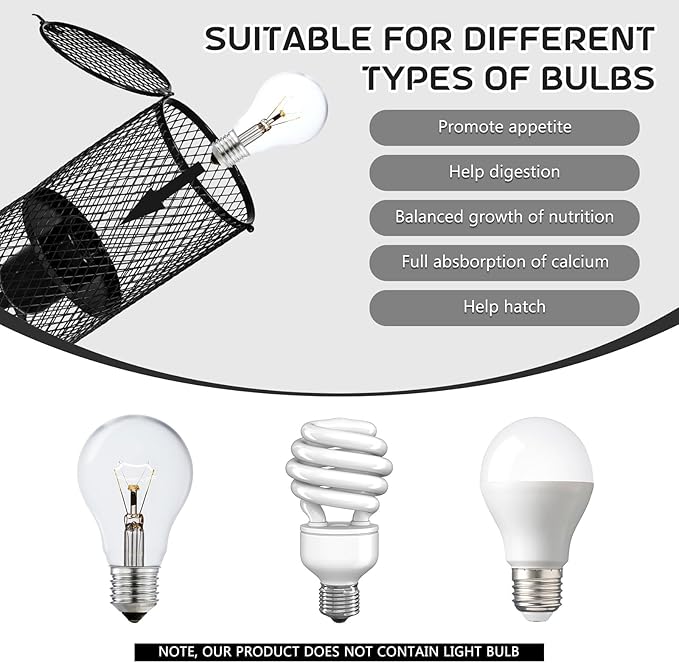 VIHOSE 2 Pcs Reptile Heat Lamp Guard with 150W Ceramic Heat Emitter Basking Anti Scald Heating Lamp Holder Mesh Cage Reptile Protection Lampshades for Lizard Snake Chick, Bulb Not Included (Black)