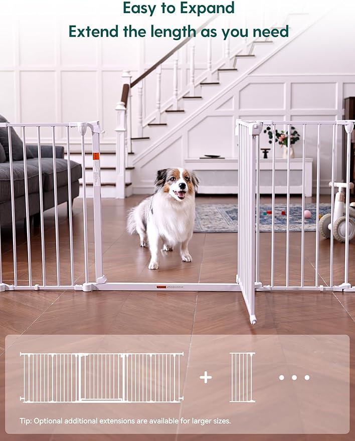 Babelio Baby Gate Extra Wide, Auto Close Dog Gate Pet Gate for House Stairs Doorways Fireplace (White, 104" Wide Gate - 5 Panels)