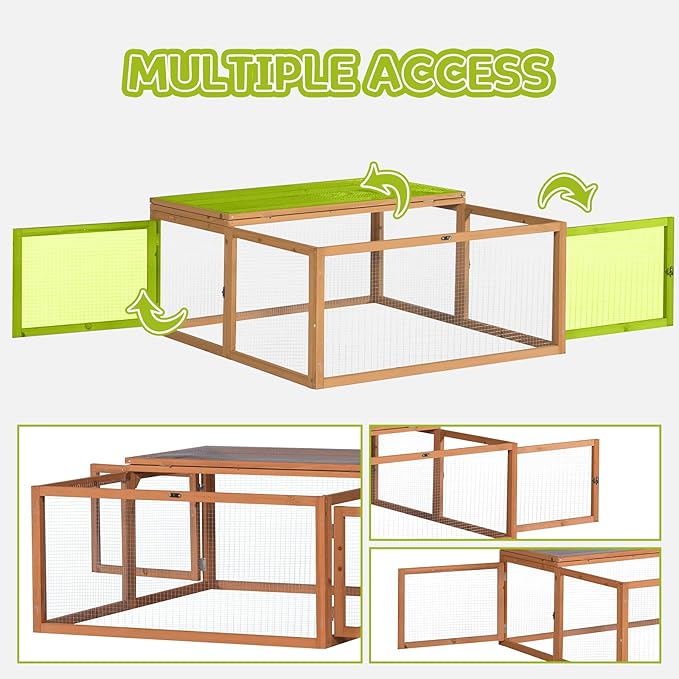 Chicken Coop Run, Rabbit Hutch, Portable Wooden Bunny Cage for Indoor/Outdoor, Small Pet Animal House with 3 Doors Openable, 47'', Natural Color (S)