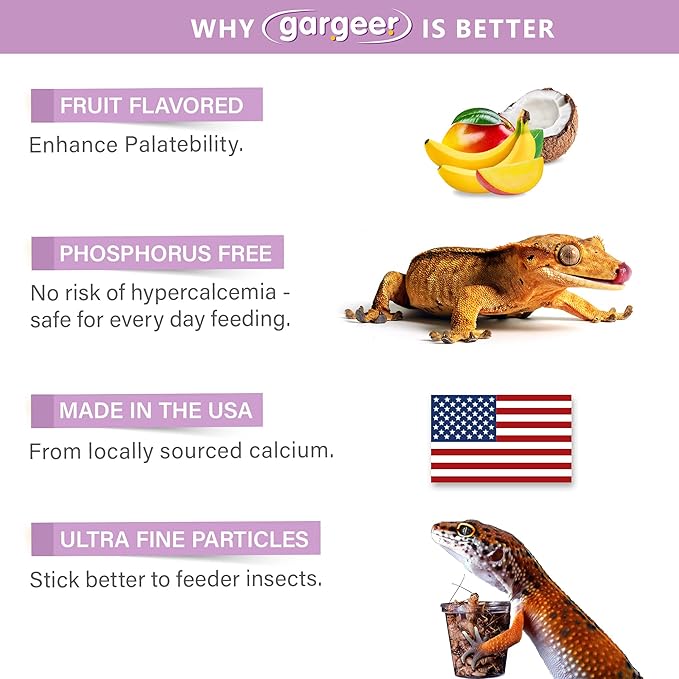 Gargeer 4oz Gecko Calcium without Vitamin D3, Phosphorus-free, Ultrafine Powder. Ready to Use Supplement for Geckos & Fruit-Eating Reptiles. Flavored with Real Organic Tropical Fruits. Made in the USA