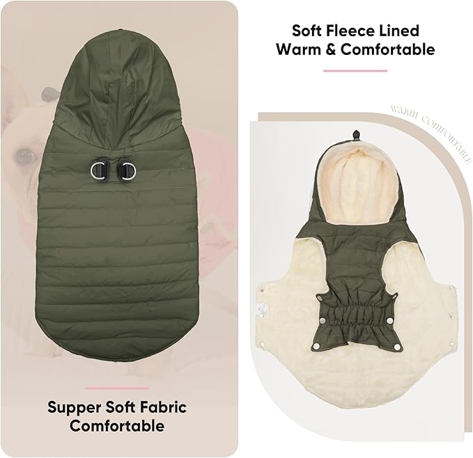 Vecomfy Fleece Lining Dog Hoodie with Harness Built in,Extra Warm Medium Dog Jacket in Winter Doggie Coats with Drawstring Hooded,Green XL