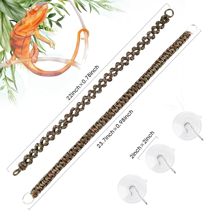 2 Pcs Reptile Vines for Climbing Bendable Jungle Vines Made of Handmade Umbrella Cord Weaving Rope Decor with 3 Suction Cup Accessories for Chameleon Crab Lizards Snakes Gecko Frog Hermit Crab