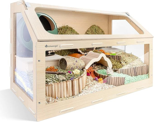 Niteangel Vista Hamster Cage W/Oblique Opening Cage Door - MDF Aspen Small Animal Cage for Syrian Dwarf Hamsters Degus Mice or Other Similar-Sized Pets (Small - 32.9 x 17.2 x 21.1 inches, Burlywood)