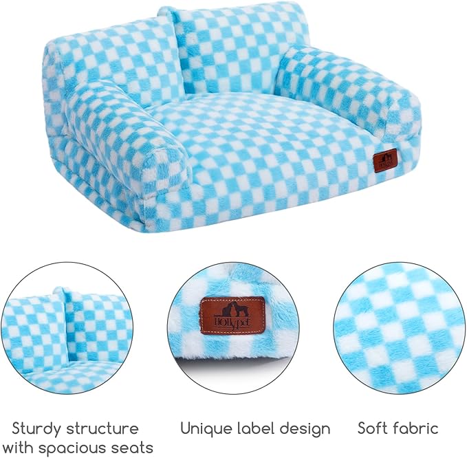 Hollypet Fluffy Dog Cat Bed Pet Couch Beds Plush Soft Warming Washable Puppy Bed for Small Medium Dogs and Large Cats, Blue and White, 24" L x 18" W x 10" Th