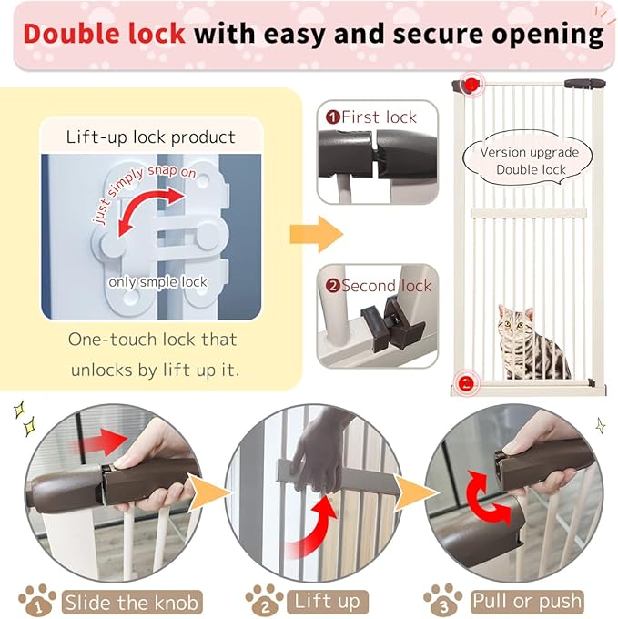 Lumizone Extra Tall Cat Gate 61.02" High Pressure Mounted Extra Wide 30.12"-38.38" (17Sizes) 1.37" Gap No Drilling Auto-Close Tall Pet Gate for Dogs (Cream, 30.12"-38.38" W)