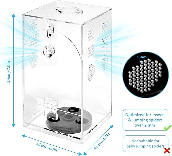 Acrylic Jumping Spiders Enclosure 360 Rotating 4.3" x 4.3" x 7.5" Praying Mantis Habitat