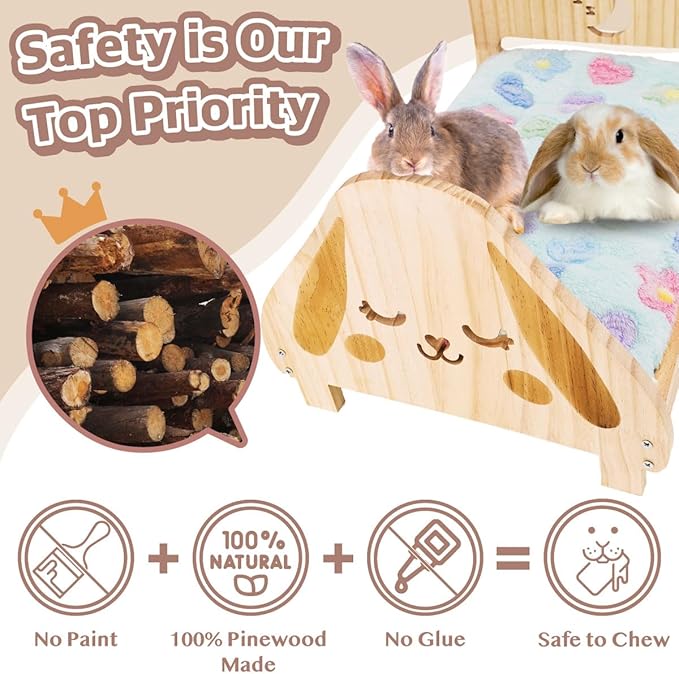 SoulThink® Floppy Ear Wooden Rabbit Bed - Easy to Assemble Rabbit Bed with Removable & Washable Fleece Mat, Small Animal Bed Suitable for Bunny, Guinea Pig, Chinchilla, Ferrets, Rats