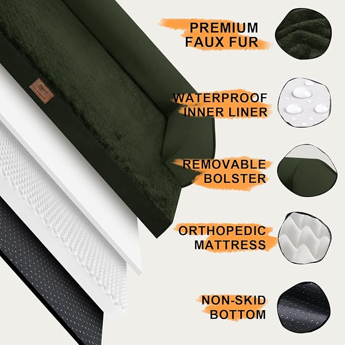 Large Dog Bed Orthopedic Washable - Beds Bolster Pet - XL Large Big Dogs - Memory Foam - Couch Sofa Bed- Waterproof with Removable Cover - Outpost Olive Dog Bed