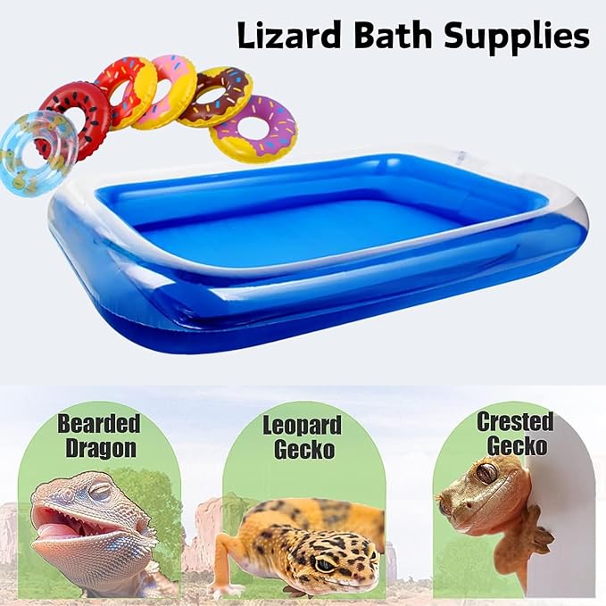 Lizard Bath Pool & Collar Rings Set - Inflatable Reptile Bathing Swimming Pool Bathtub Reptile Swim Float Ring for Leopard Gecko Amphibians Habitat Accessories Grooming Health Supplies (Blue)