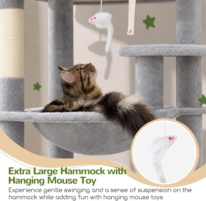 Globlazer Heavy Duty Cat Tree, 70 inch Sturdy Cat Tree for Indoor Cats Extra Large Cat Tower with Scratching Post, Hammock, Cat Condo for Adult Cats Kittens, F70 Pro, Light Grey - Image 3