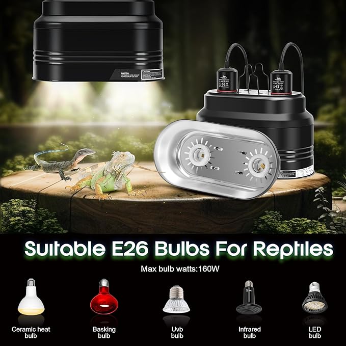 MECESOR Dual Reptile Light Fixture,Double Reptile Heat Lamp Fixture with Independent Thermostat Control & Timer Dimming Function Reflector Dome Lamp Fixture for Lizard,Bearded Dragon - Max 160W